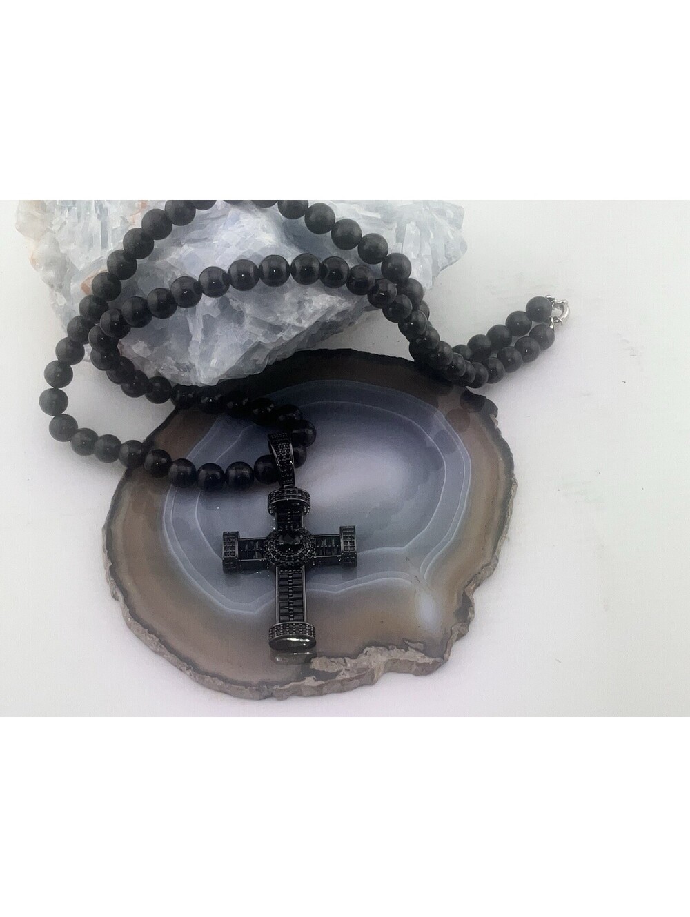 Unisex 8mm Elite Shungite Necklace W/ Cross Pendent Black Rhinestones 24”